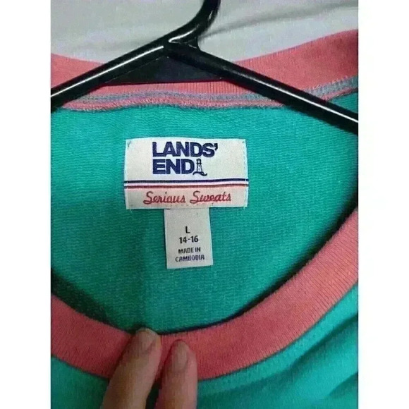 Lands End Serious Sweats Sweatshirt SZ Large Teal Colorblock Print Fall Top - Picture 3 of 5